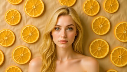 Lemon beauty: a bright and original portrait of a beautiful blonde against a wall or curtain with 3D round lemon slices. As a ready-made background or graphic material for the embodiment of your fanta