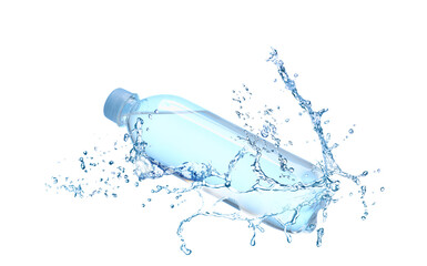 Soda water in bottle and splash against white background