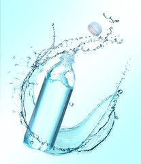 Soda water in bottle and splash against light blue background