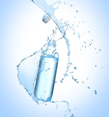 Soda water in bottle and splash against light blue background
