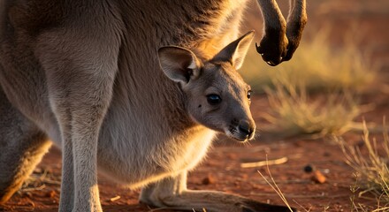 Adorable baby kangaroo joey nestled safely in its mother's pouch during golden hour in the outback