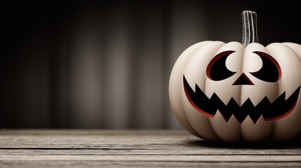 White Halloween Pumpkin with Scary Face on Wooden Table in Dark Interior