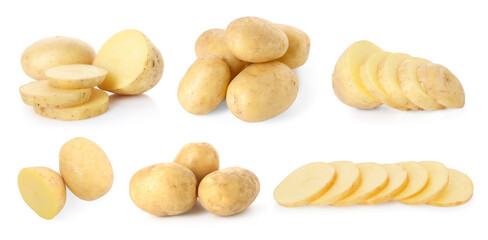 Fresh raw potatoes isolated on white, set. Whole and sliced