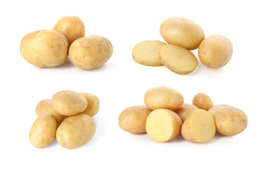 Fresh raw potatoes isolated on white, set