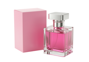 Chic pink perfume bottle with silver cap positioned beside its coordinating rectangular pink boxon transparent background.