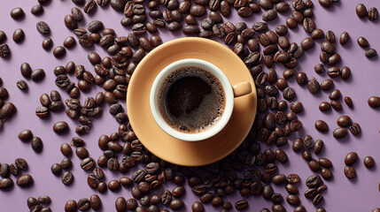 Fototapeta premium offee beans around espresso cup, top view 