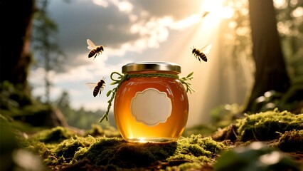 A jar of honey surrounded by bees in a sunlit forest setting