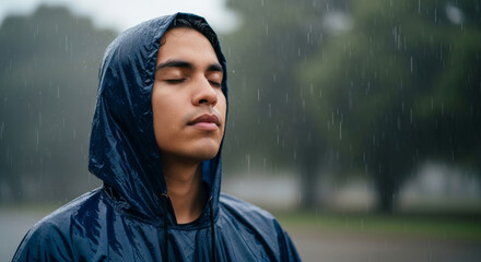 Serene person meditates peacefully in a cross-legged position during rainfall. He wears a poncho for protection. The image evokes calmness, mindfulness, and a connection with nature