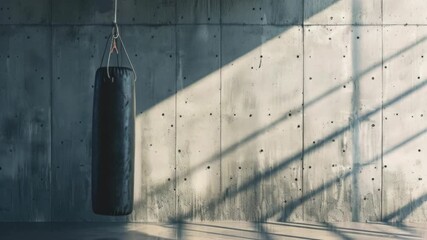 Indoor boxing gym with a heavy bag and shadowy walls, highlighting the intensity of training in such an environment. - Powered by Adobe