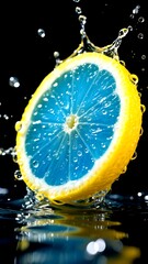 A vibrant blue lemon slice with water droplets splashing against a dark background