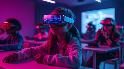 Students in a classroom wearing vr headsets with pink and blue lighting for virtual reality experience