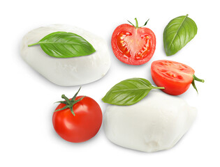 Fresh mozzarella, tomatoes and basil isolated on white, top view