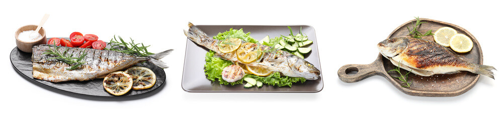 Fried fish. Dishes isolated on white, set