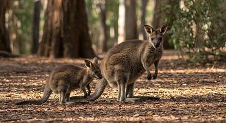 Adorable wallaby family exploring a lush forest environment looking for food in the warm sunlight