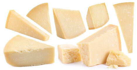 Parmesan cheese pieces isolated on white, set