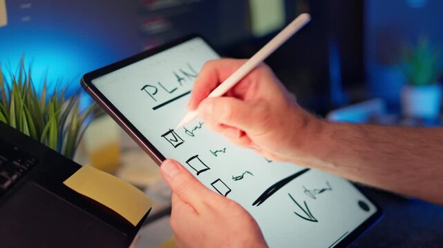 Digital checklist planning productivity goals written by hand on tablet screen using stylus. Concept of task management, goal tracking and project organization in creative workspace