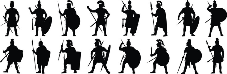 Ancient warrior silhouette vector set, armed fighters with shields and weapons, helmet and armor detail, historical combat pose, battle graphic design