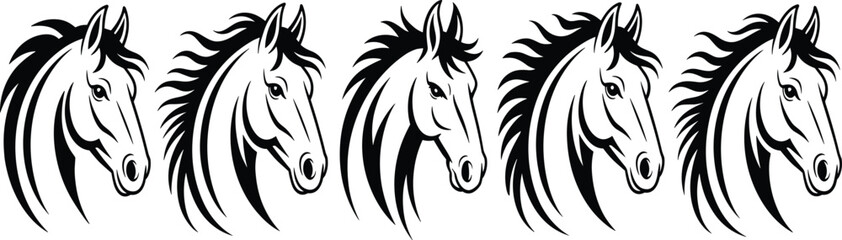 Horse head silhouette vector set, flowing mane detail, black line artwork, equine illustration, stylized animal design, monochrome graphic drawing