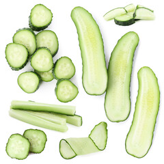 Sliced cucumbers isolated on white, set. Fresh vegetable