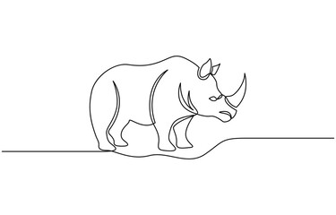 Rhino continuous single line drawing, linear style, one line art, minimal design,  Rhinoceros single contour animal, vector Illustration.