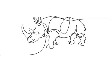 Rhino continuous single line drawing, linear style, one line art, minimal design,  Rhinoceros single contour animal, vector Illustration.