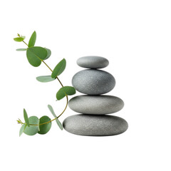 Obraz premium Zen stones stacked with green leaves isolated on transparent background