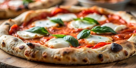 Closeup of a delicious neapolitan pizza with tomato sauce, mozzarella, and fresh basil leaves, served on a wooden board in a restaurant setting