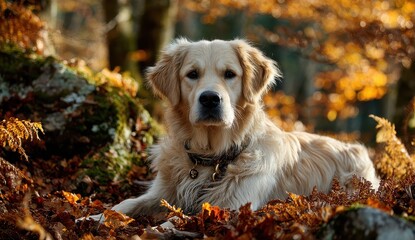 Golden retriever enjoying the warmth of the sun while surrounded by colorful autumn leaves in a serene outdoor setting