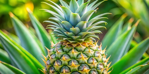 Fototapeta premium Closeup of a vibrant and fresh pineapple fruit growing on a tropical plant, showcasing its unique texture and pattern in a natural outdoor setting