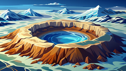 Aerial view of a majestic snowy crater in a vast barren landscape, Taymyr Peninsula, Russia.