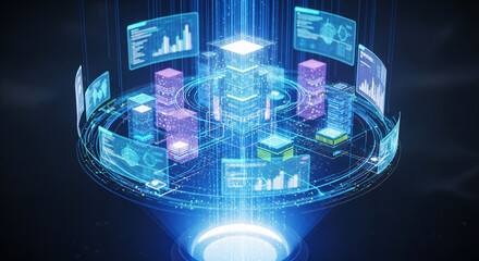 Futuristic holographic data hub with glowing blue towers and floating analytical dashboards displaying charts and graphs.