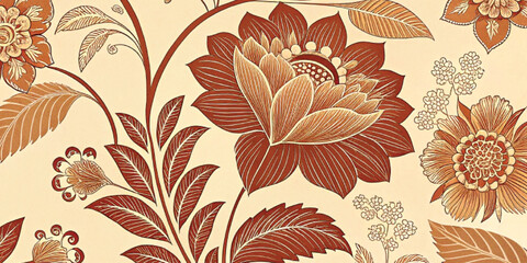 Abstract Intricate floral patterned wallpaper in warm brown tone background with texture. © MdMorad