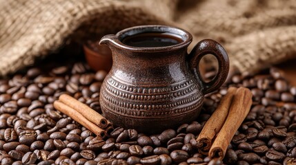 Cezve surrounded by roasted coffee beans and cinnamon sticks