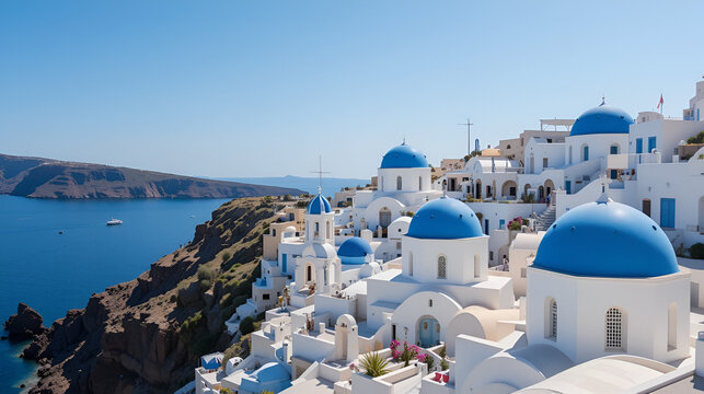 Oia Santorini's iconic blue-domed churches overlooking the island's volcanic caldera and the Mediterranean Sea