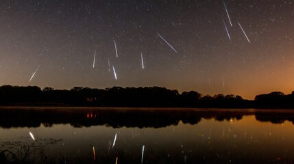 Night sky where meteor showers collide into celestial fireworks reflected in a still lake.