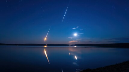 Night sky where meteor showers collide into celestial fireworks reflected in a still lake.