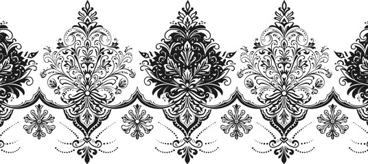 Black floral ornamental border pattern, seamless vintage design, elegant swirls and flourishes, classic wallpaper motif, decorative textile vector art