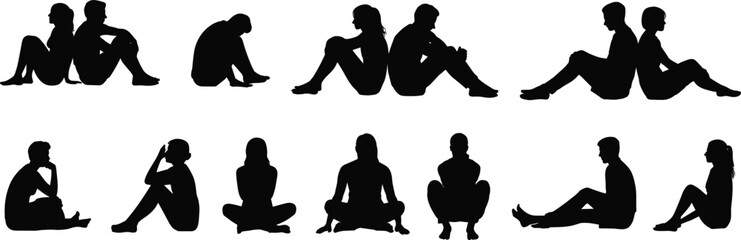 Silhouette, people, sitting, various, poses, collection, design, illustration, creative, artwork, vector, black, white, posture, human, figures, minimal, abstract, concept, stock