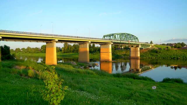 Bridge over the Western Dvina River in Polotsk, Belarus. Summer water cityscape