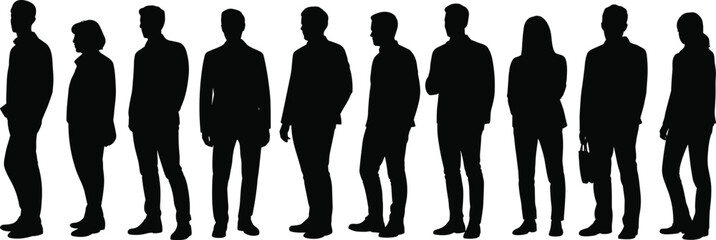 Silhouette, people, standing, line, business, professionals, teamwork, unity, corporate, office, collaboration, group, posture, diverse, formal, attire, stock, image, illustration, concept
