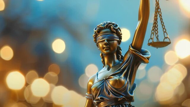 Close-up gold colored Lady Justice statue, she's blindfolded holding her scales, standing for justice. background features blurred lights, creating soft, ethereal atmosphere.