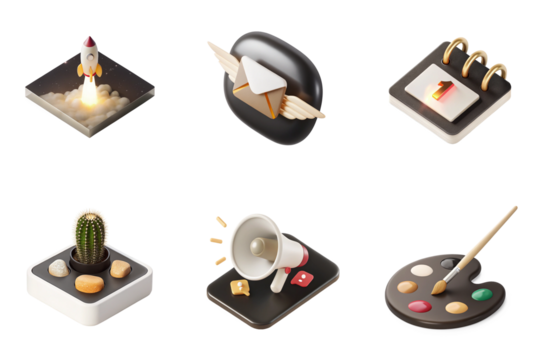 3D Isometric Icon Set 35 – Minimalistic Black & Gold Tech, Retro, and UI Icons