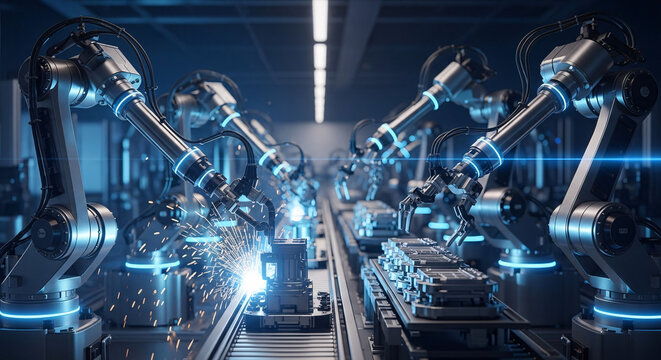 Futuristic robotic arms with glowing blue lights welding on an automated factory production line.