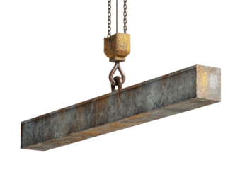 Rusty steel beam suspended by a crane hook