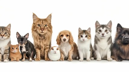 In studio setting, group diverse domesticated animals including several cats, dogs are shown in line up. guinea pig is also included, all against crisp, clean white backdrop. - Powered by Adobe