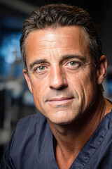 Fototapeta premium A close-up portrait of a confident man with short hair, wearing navy scrubs, showcasing strong features and a serious yet approachable expression.