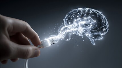 Hand plugging glowing brain into connector