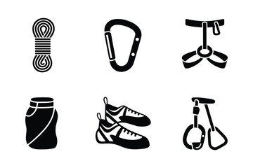 Climbing gear collection featuring rope carabiner harness shoes and belay device climbing shoes