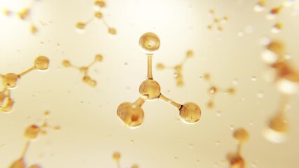 Floating golden molecules in a clear fluid, representing active skincare ingredients. Perfect for cosmetics, beauty science, and premium anti-aging branding visuals.