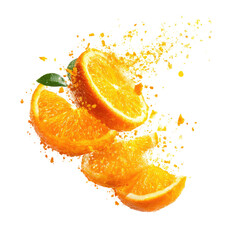 Orange slices exploding in a burst of golden particles against a black background.  Fresh, vibrant orange segments with a green leaf